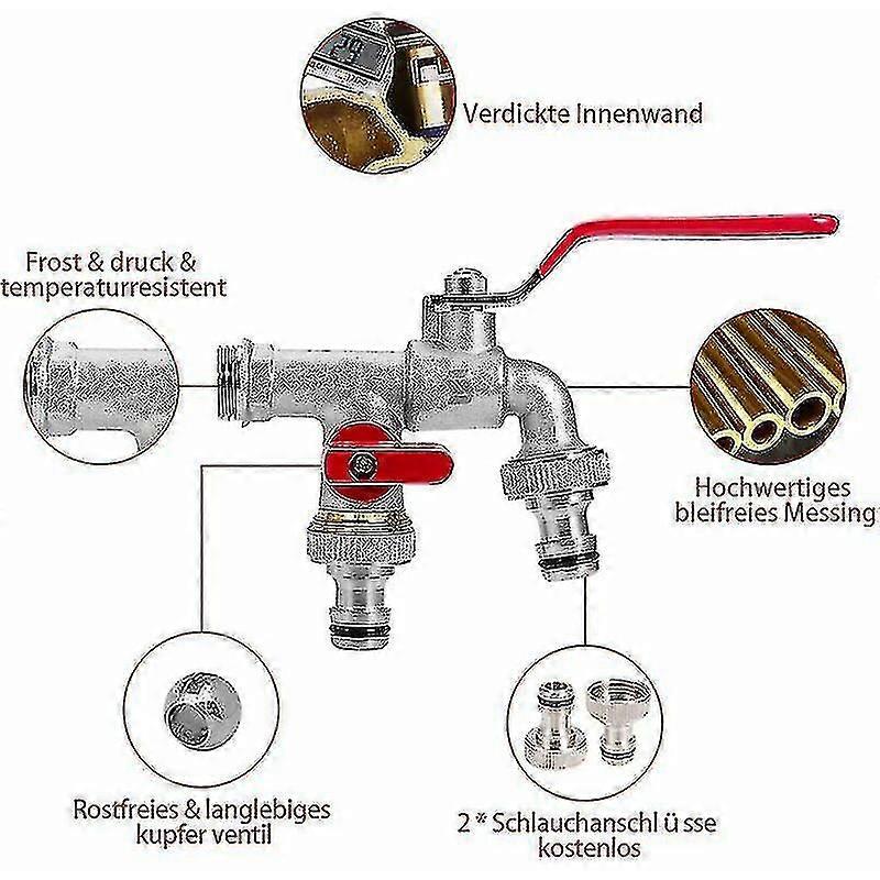 Double Garden Faucet, Faucet With 2 Outlet 3/4 Inlet 1/2, 1 Roll Of Sealing Tape, Double Connection And Hose End For Garden, Rain Barrel, Washing Mach