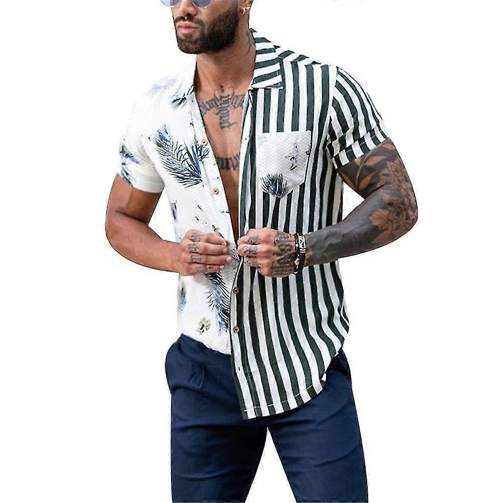 Men Hawaiian Short Sleeve Beach Shirts Stripe Summer Casual Button Down Shirts