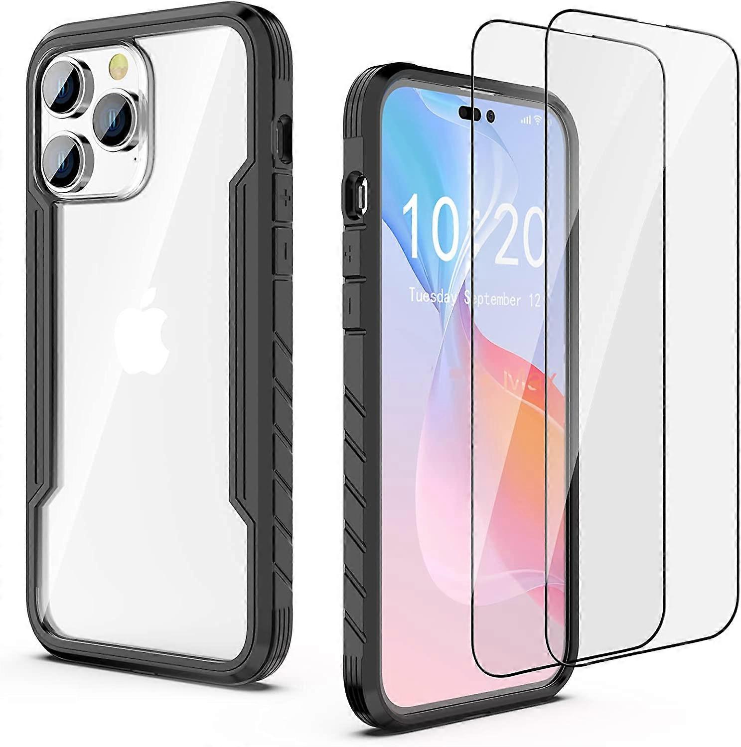 Compatible with iPhone 14 Pro Max Case, 3 in 1 Shockproof Military Protection Slim Cases Phone Covers Clear with 2 Glass Screen Protector for iPhone 1