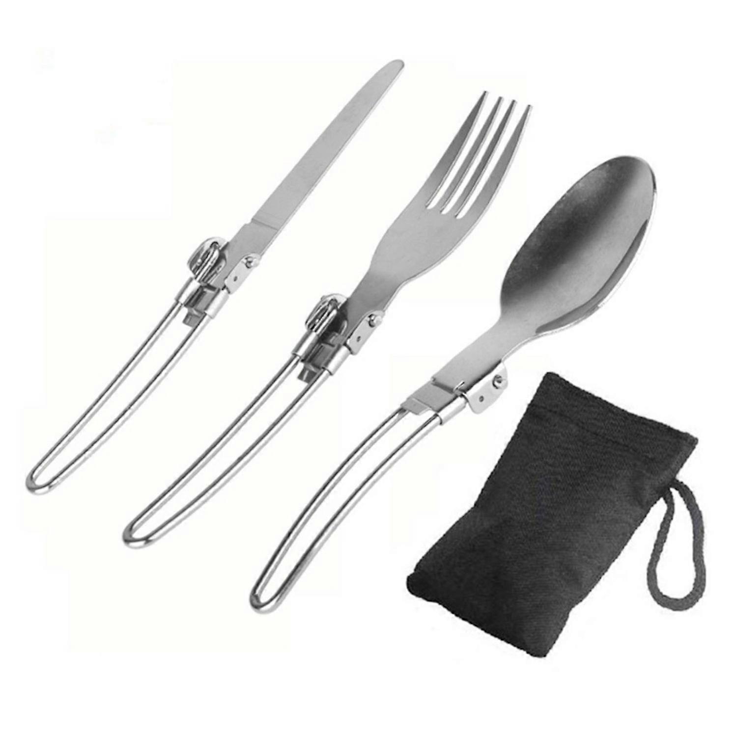 3 Pcs Stainless Steel Folding Spoon Fork Cutter Set Foldable Handle Rust-Proof Cutlery for Camping