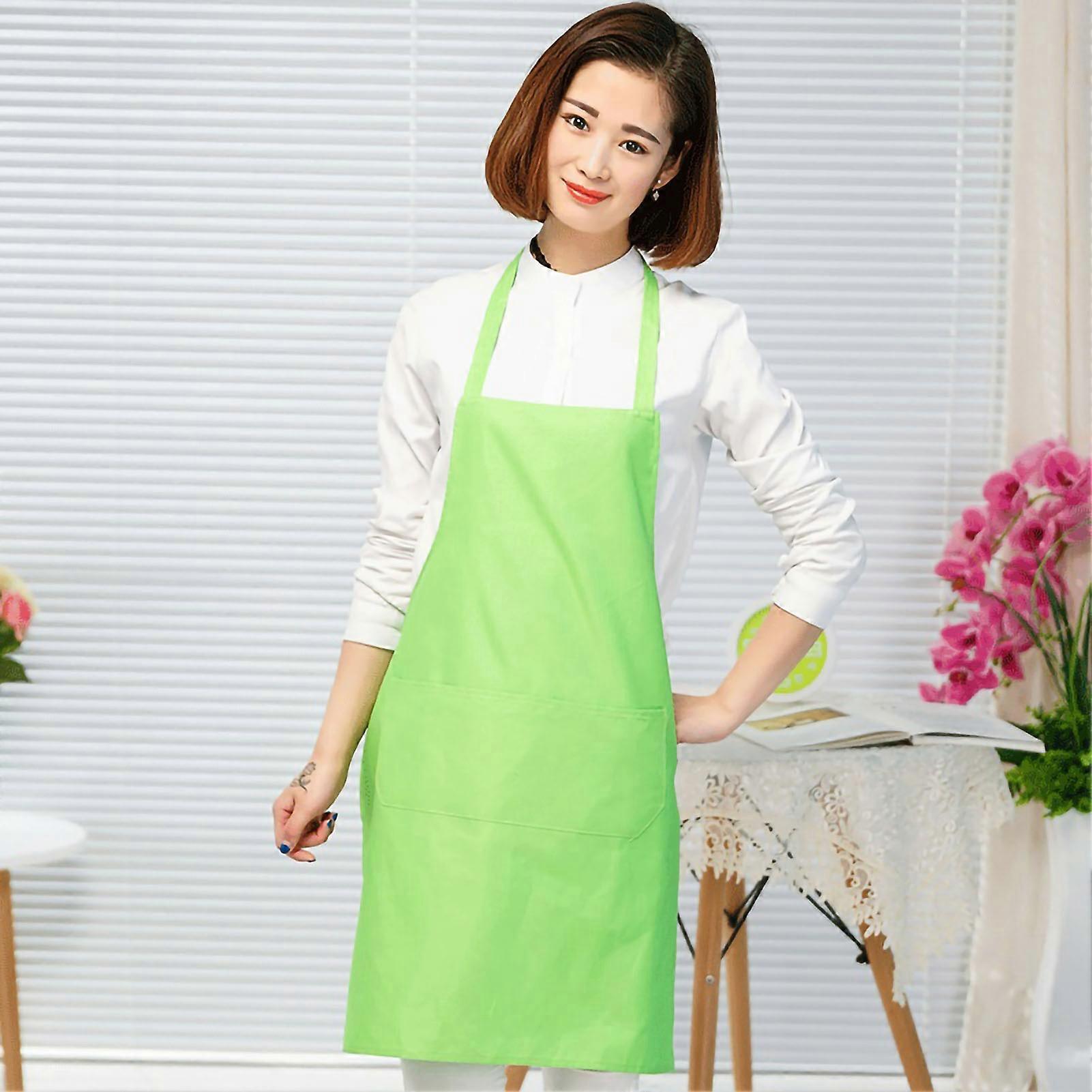 Kitchen Apron Solid Color Dual Pockets Back Strap Soft Polyester Chef Apron for Household Apple Green