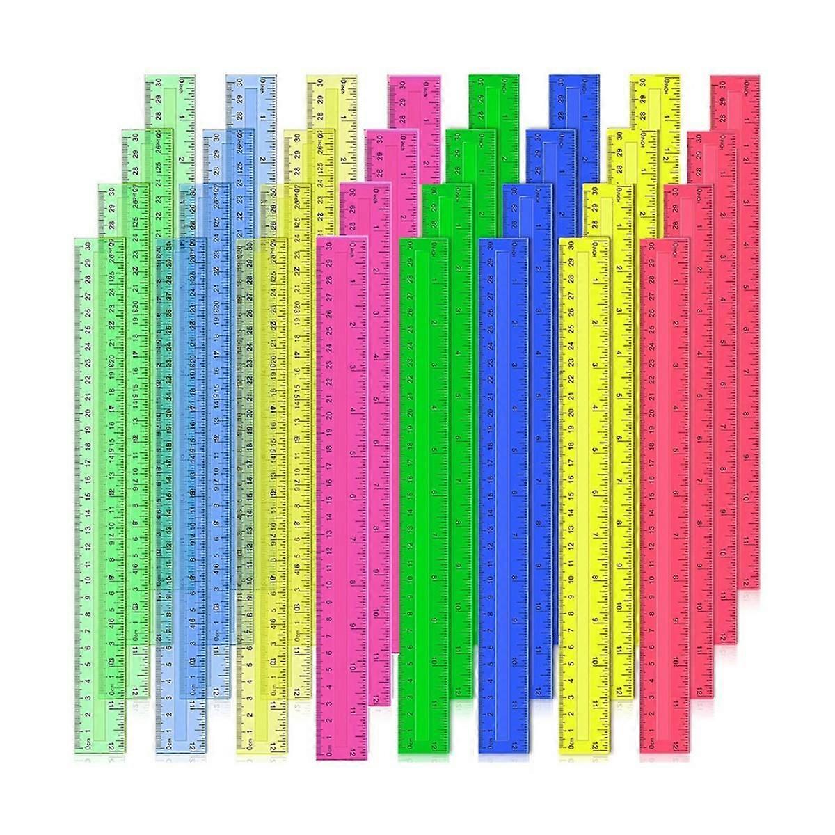 12 Inch Plastic Rulers, 32 PCS Transparent Assorted Color Metric Bulk Rulers with Inches Centimeter