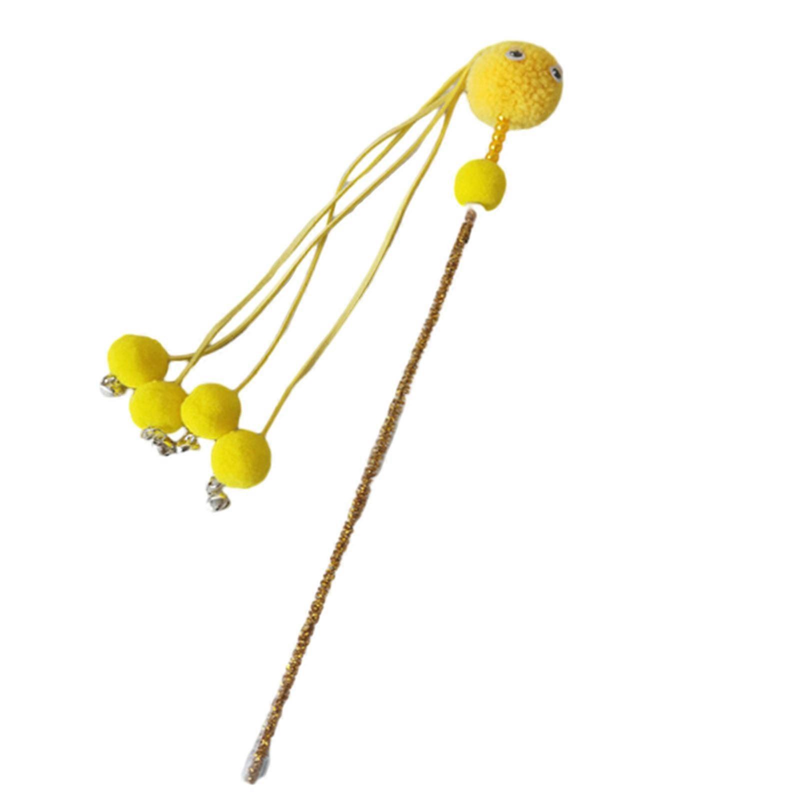 Mignon Glands Teaser Baguette Jouet avec Pompons & Petites Cloches Chat Teaser Baguette Bâton Interactif Jouet Chasse Baguette Jouet Bonbons Couleur Jaune