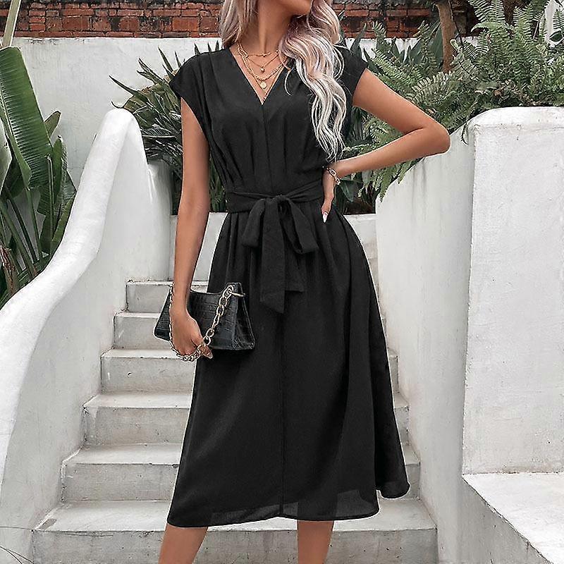 YYFS Women's Fashion Summer Spring Solid Color Print Short Sleeve V-Neck Casual Dresses