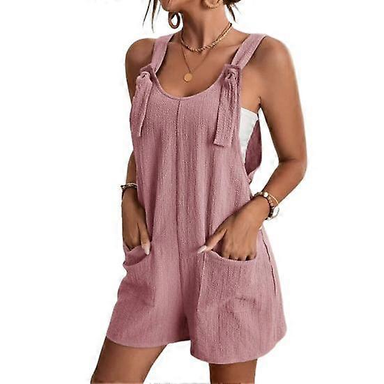 Women's Short Overalls with Pockets Sleeveless Tie Knot Strap Rompers Solid Color Loose Fit Wide Leg Jumpsuit