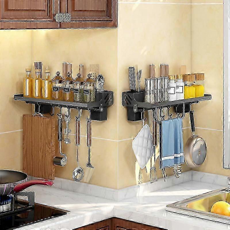 unique Kitchen Spice Rack Wall Mounted With 6 Removable Hooks, 40cm (black)