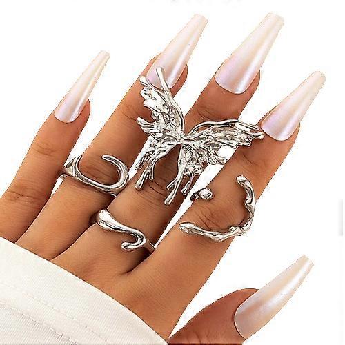 Punk Colore Argento Liquido Farfalla Anelli Set Per Le Donne Moda Irregolare Onda Metallo Knuckle Anelli Estetica Egirl Gioielli Gotici