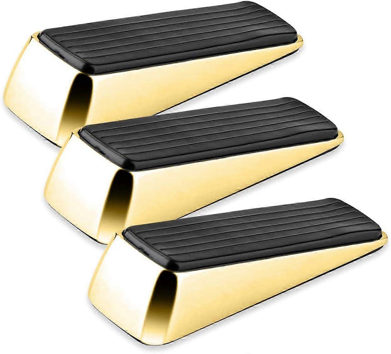 3 Pack Heavy Duty Polished Brass Door Wedges, Non-Slip Solid Rubber Handle with Anti-Scratch Surface, Ideal Buffer to Secure Any Interior Door in Your