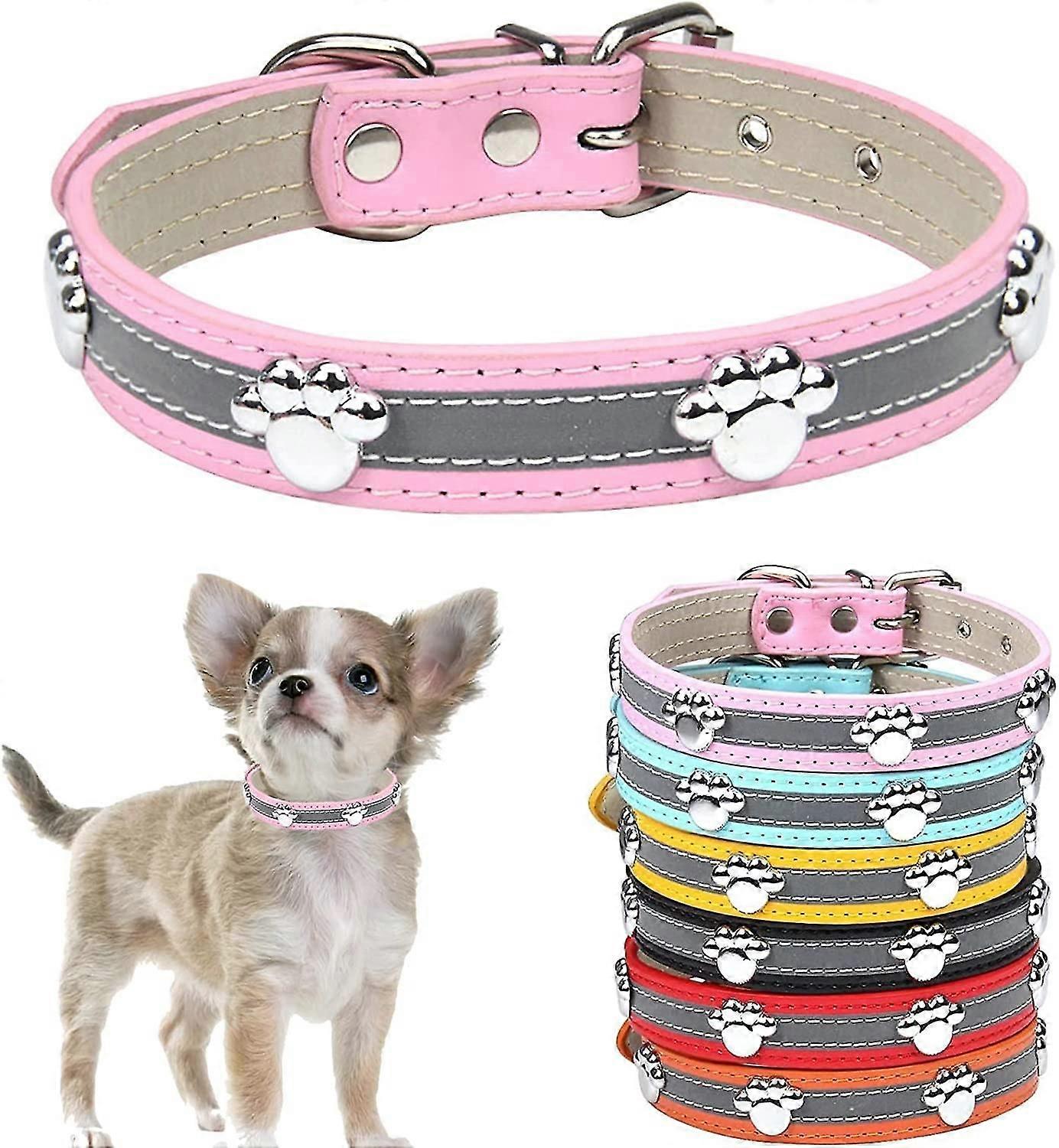 طوق الكلب العاكس Petcare مع برشام لطيف برشام مرصع مضحك لينة بو الجلود قابل للتعديل جرو الكلب الياقات للقطط الصغيرة المتوسطة الكبيرة الكلاب (الوردي ، sm