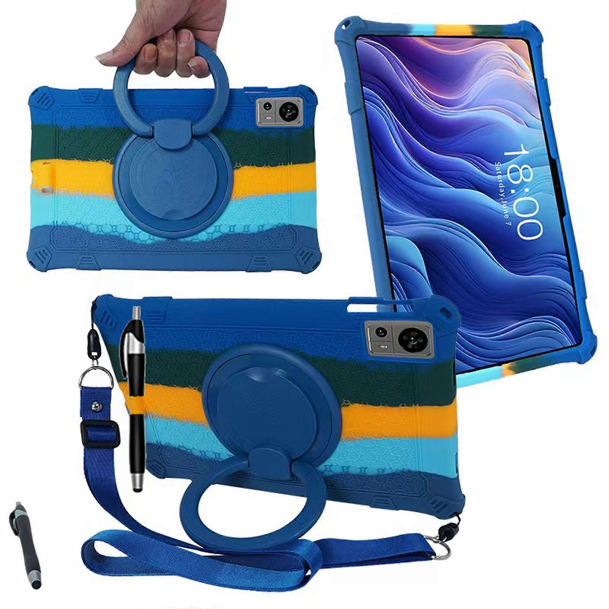 Tablet Case for Teclast T60 12 Inch, Soft Silicone Cover with Rotating Stand, Pencil Holder, Shoulder Strap, Colorful Blue