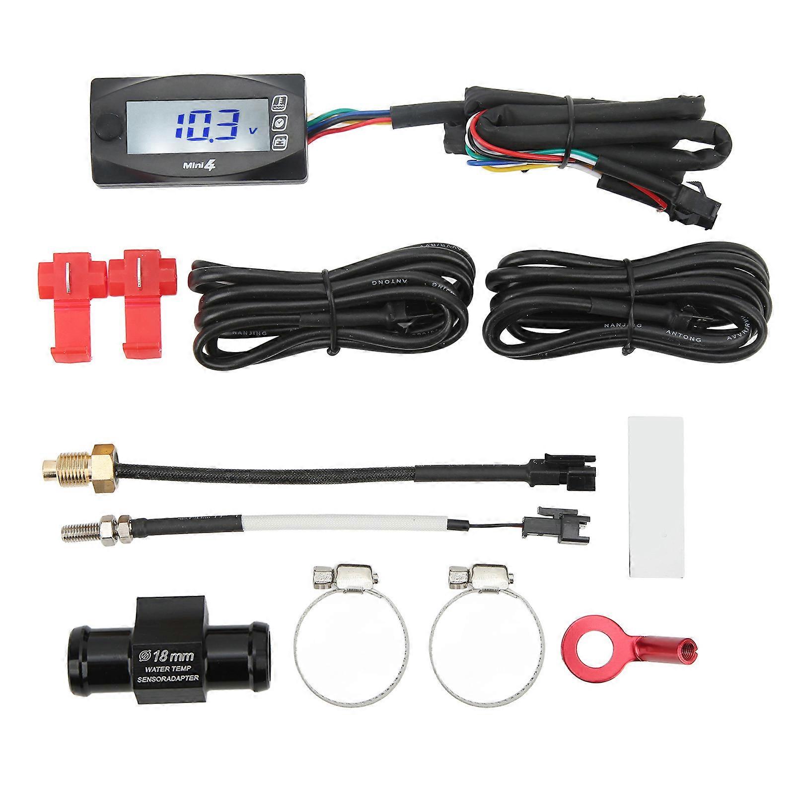 4 in 1 Motorcycle Digital Thermometer LCD Screen Engine Water Voltage Time Meter Universal DC12V