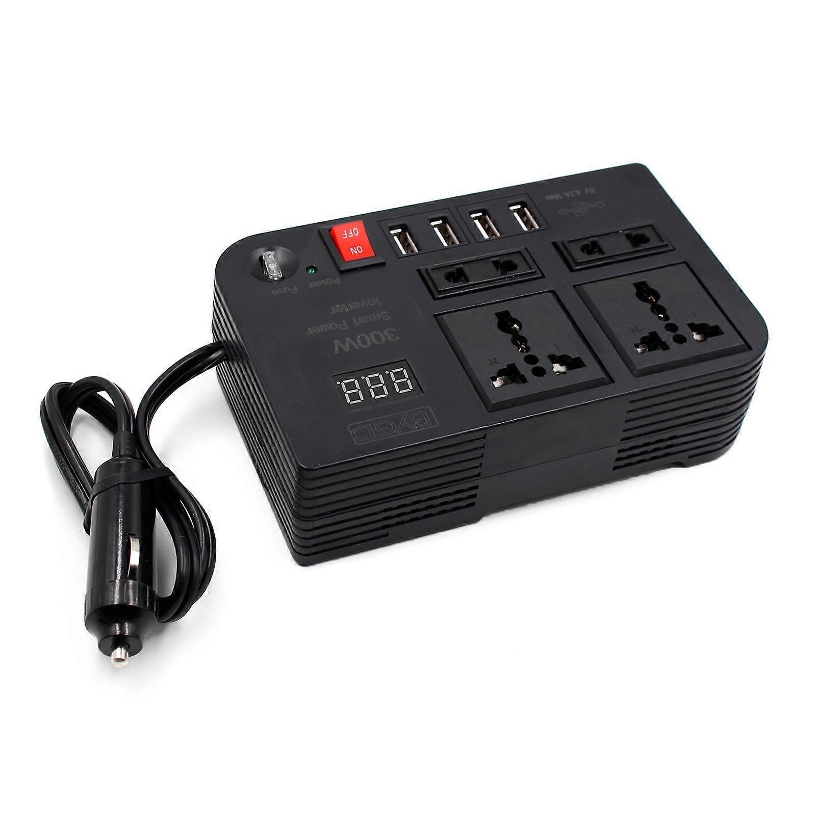 Car Inverter 300W DC12V to AC 220V LED Display Sockets Power Converter with 4 USB Charger Fast Charging Multicolor