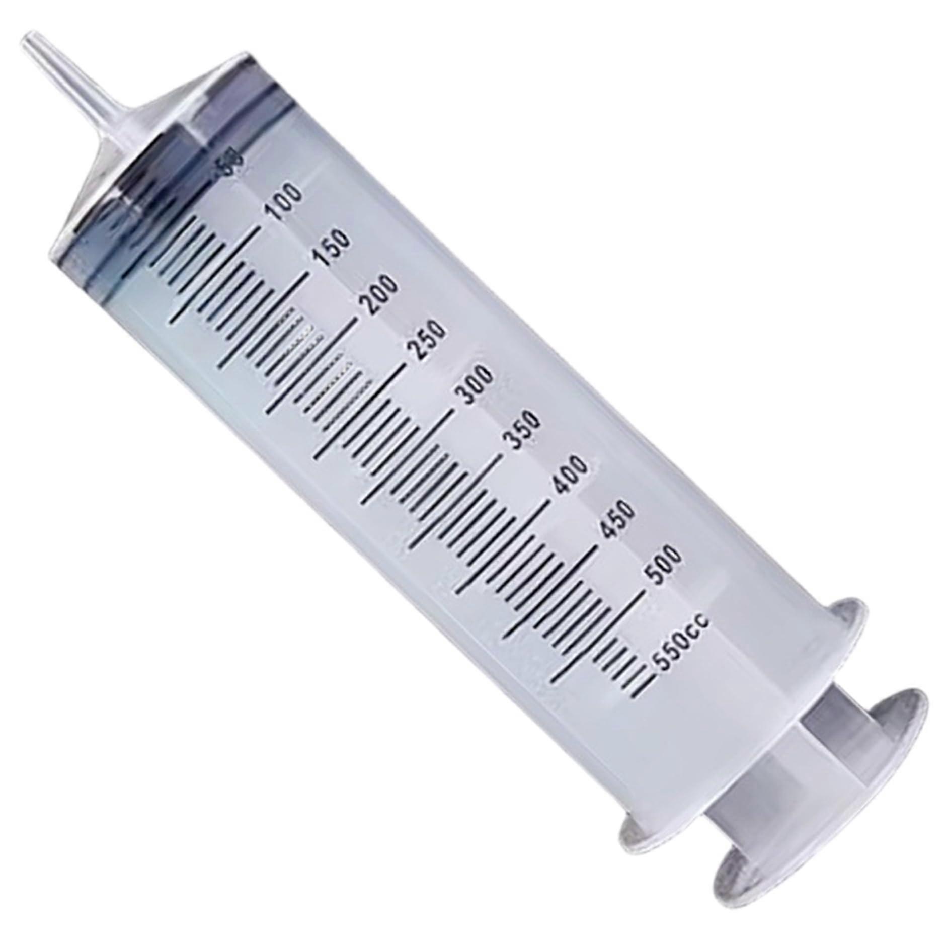 Large syringe, 500 ml plastic enema with clear adapter, scale, refilling liquid, epoxy resin