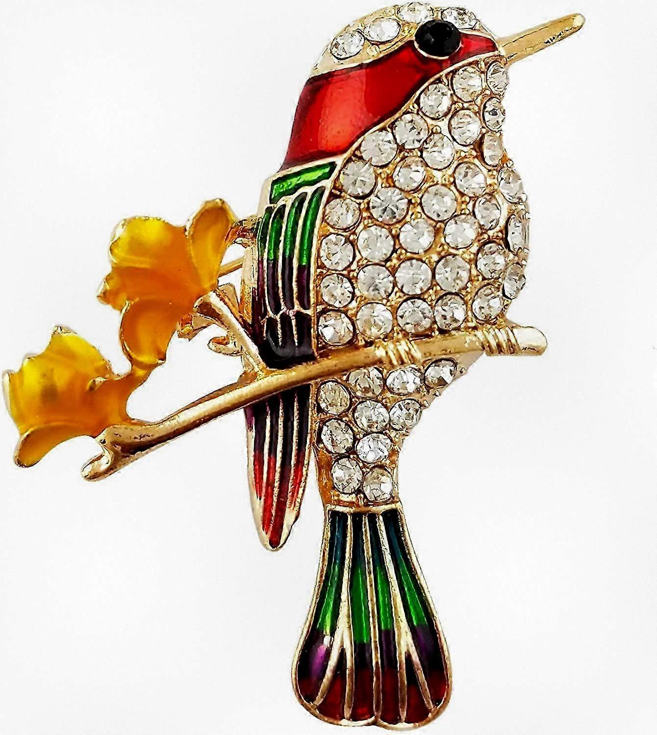 Elegant Hummingbird Enamel Brooch Pin in Gold Tone with Clear Crystal, Suitable for a Certain Brand