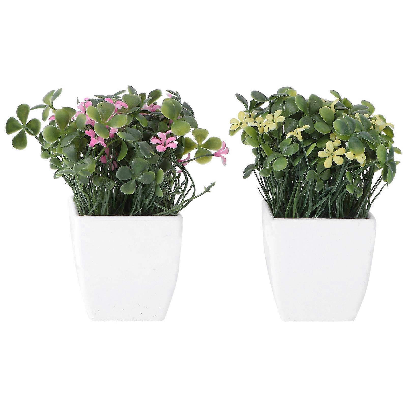 Decorative Flower Pot Artificial Clover with Flowerpot Rustic Farmhouse Style 14x14cm Assorted Color 2Pack