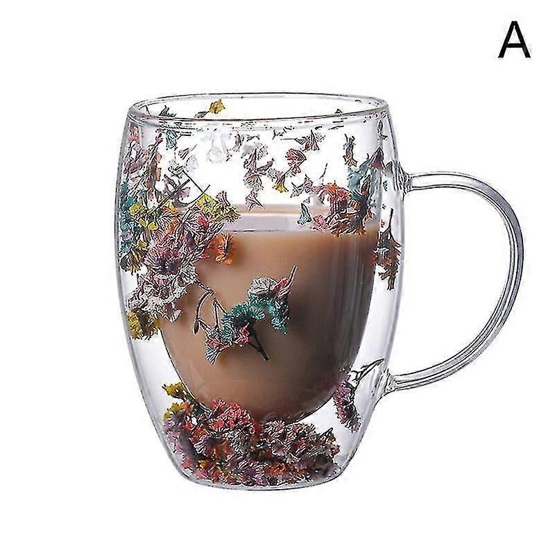 Double Wall Insulated Glass Mug with Dried Flowers, Seashells & Glitters for Hot Beverages, Handmade Home Decor Gift Idea