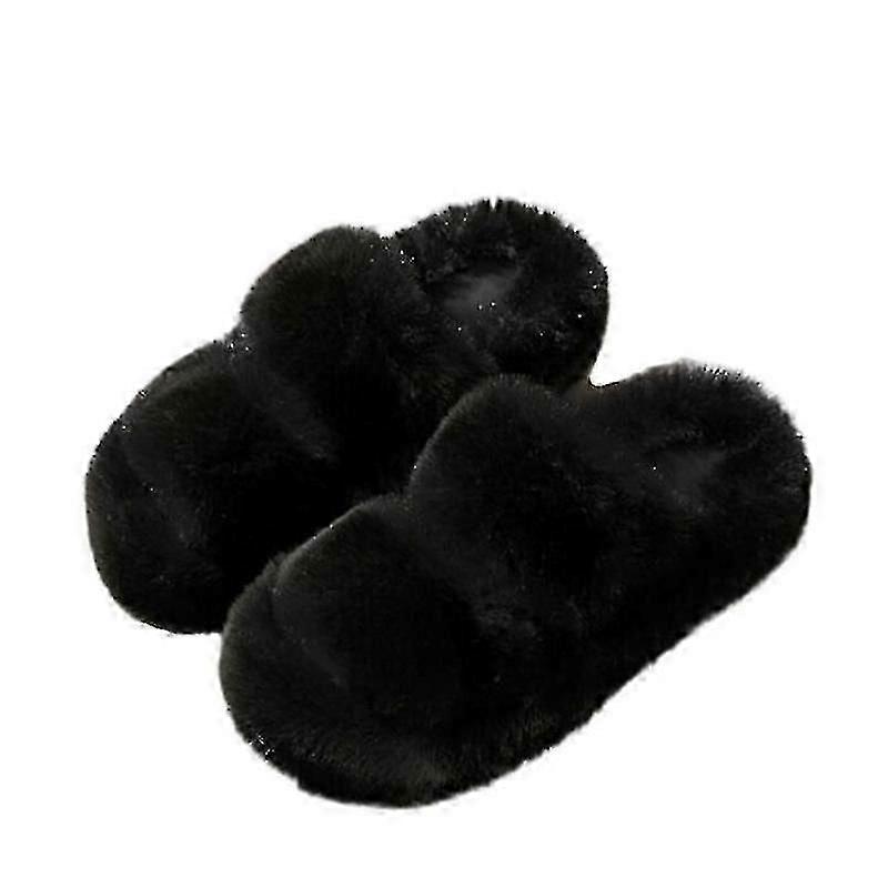 Fuzzy Slippers Women Furry Cross Band House Slippers Open Toe Slipper Slides Rabbit Fur With Memory Foam Insole