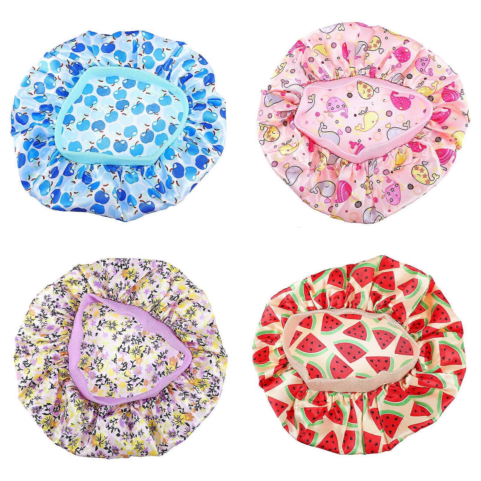 Sleep Hat Satin Shower Cap for Kids 4Pcs with Flower Pattern Design