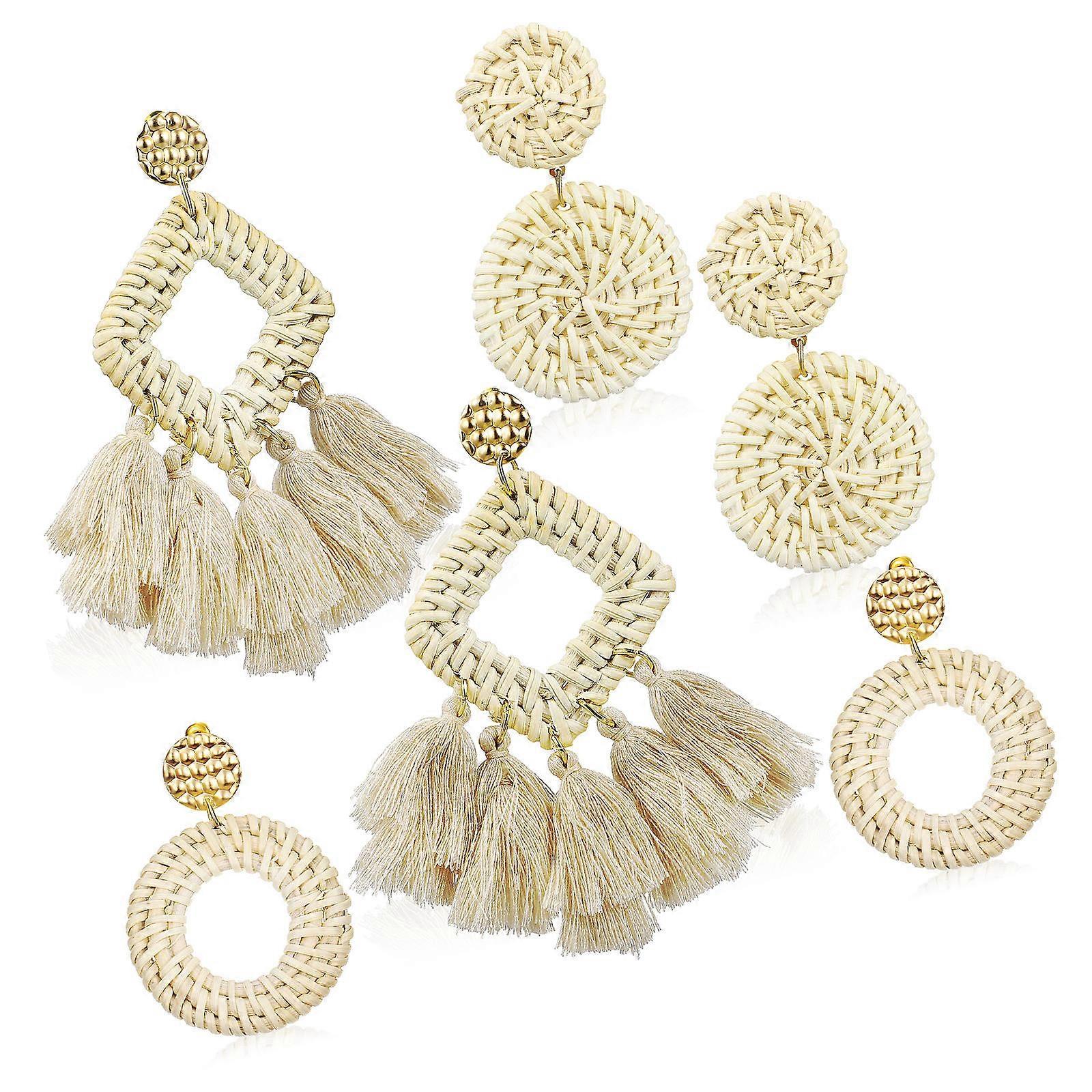 Here's a refined and engaging product description for your **3 Pairs Bohemian Rattan Woven Dangle Earrings**:
### ✨ 3 Pairs Bohemian Rattan Woven