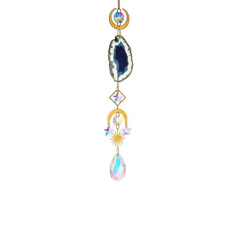 Natural Colorful Crystal Agate Suncatcher Rainbow Prism Ball Pendant for Windows, Blue Hanging Decoration Wind Chimes