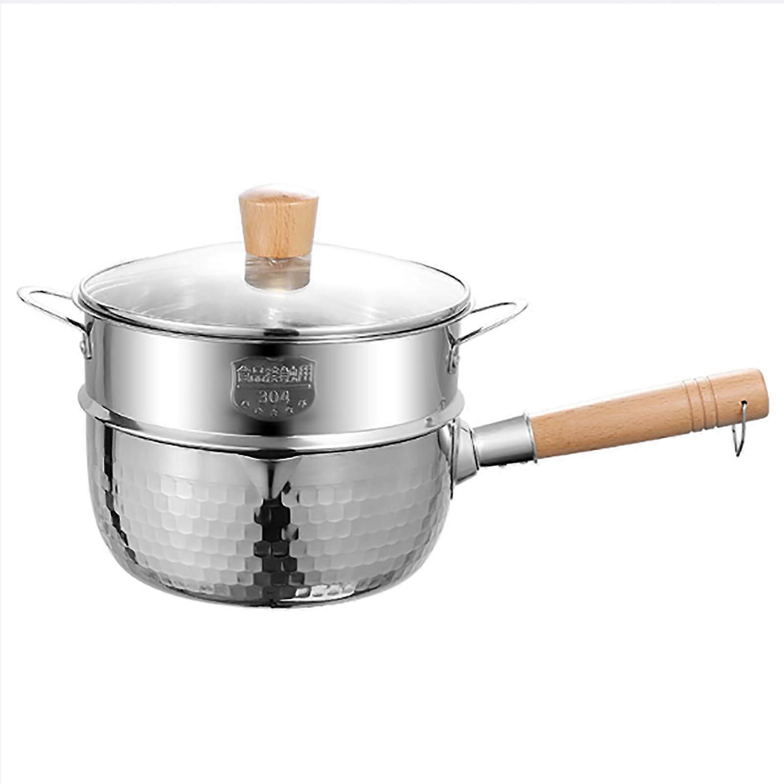 Traditional Japanese Yukihira Pan with Lid and Steamer, Stainless Steel Milk Sauce Pan Hammered NonStick Pot for Ramen/Milk (Size: 16cm)