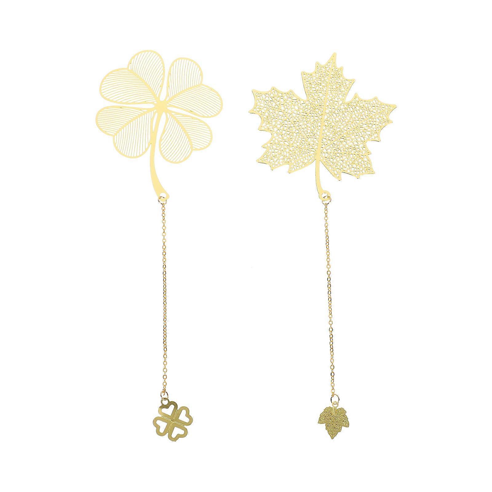 Metal Bookmarks with Tassel Pendant, Hollow Leaf and Clover Design, 2 Pack Reading Page Markers for Home, Office, Classroom, and Library Use
