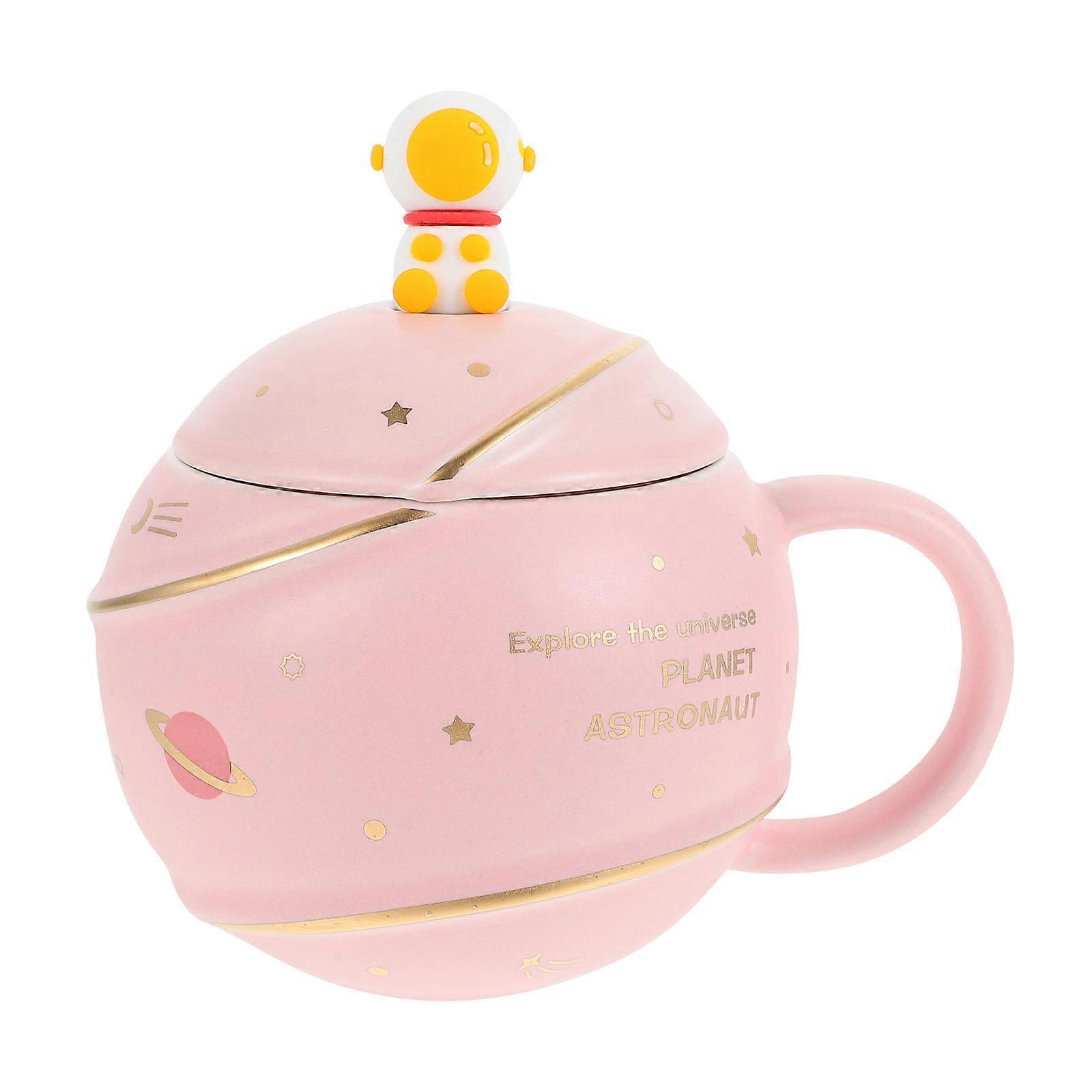 Practical Ceramic Drinking Cup With Lid And Spoon In Stylish Astronaut Design For Home Office Use With Smooth Hand Feeling Feature In 1 Set
