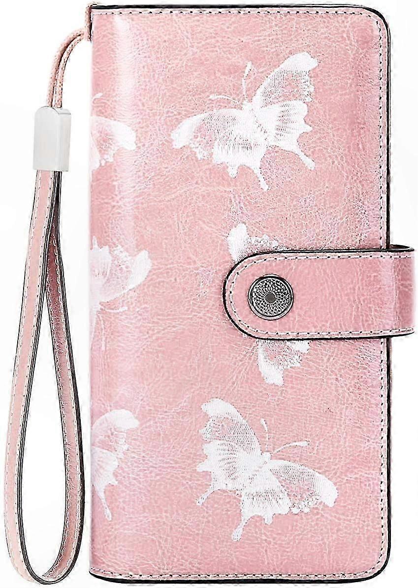 Women's Leather Wallet with Multiple Compartments and RFID Protection, Stylish Butterfly Pink Design