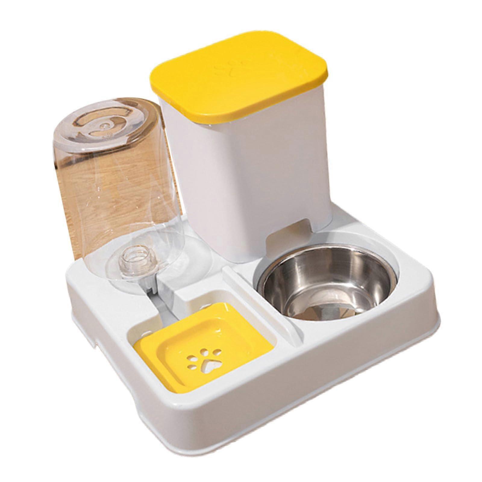 Distributeur d'eau 2 en 1 pour animaux de compagnie, design surélevé en acier inoxydable, bol antidérapant pour chats et chiens, jaune et blanc