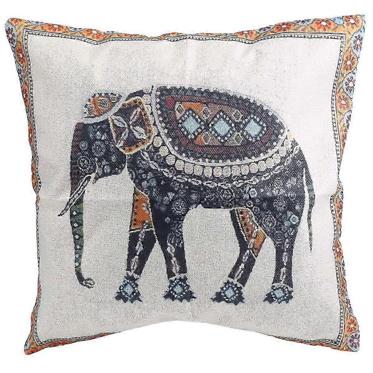 Housse de coussin décorative en coton et lin avec motif éléphant tricoté indien