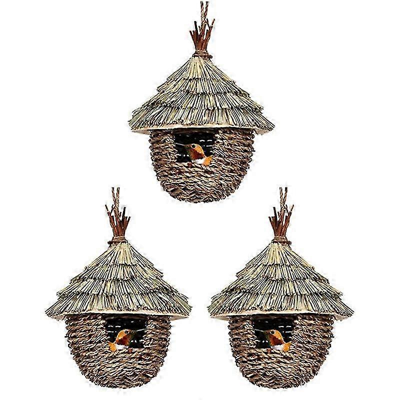Reinvented Bird House: 3Pcs Handwoven Hanging Bird House with Nesting Facility, All-Natural Grass for Gardens