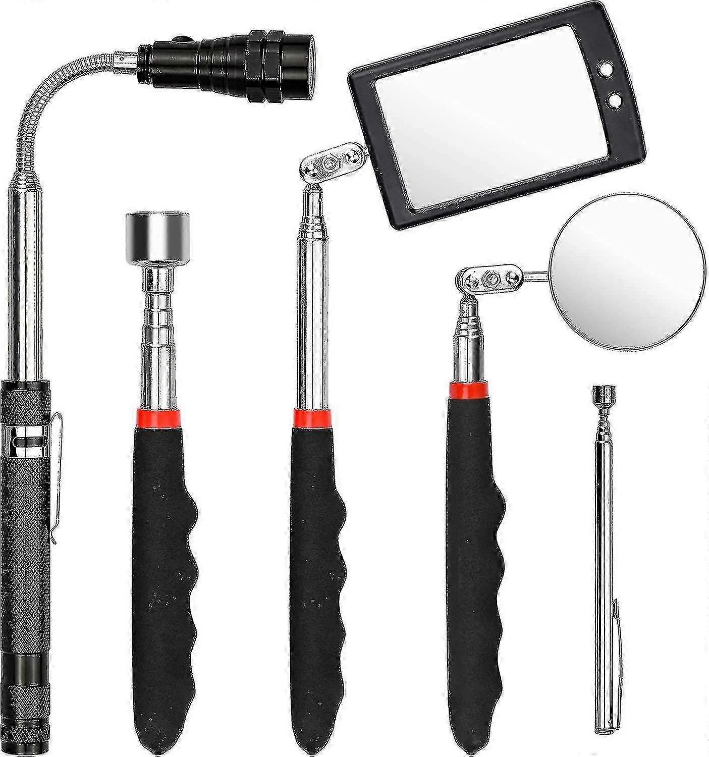 5pcs Magnetic Pick Up Tool Telescopable Magnetic Pick Up Tool Including 1.5/20lb Telescopic Magnet Square/round Inspection Mirror With Led And Flashli