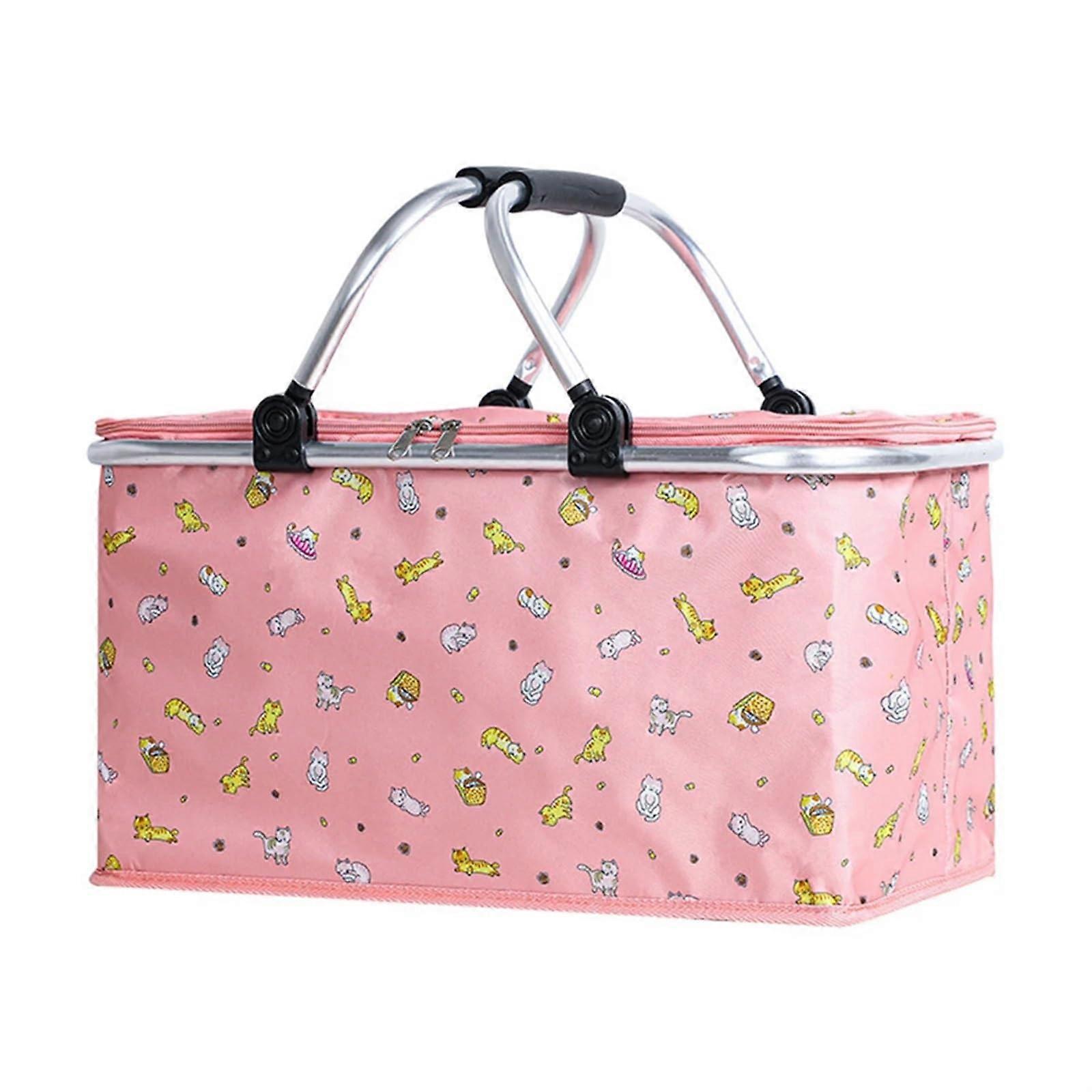 Folding Picnic Bag Large Capacity Cooler Insulated Pouch for Outdoor BBQ Camping Fishing - Pink Storage Box Container