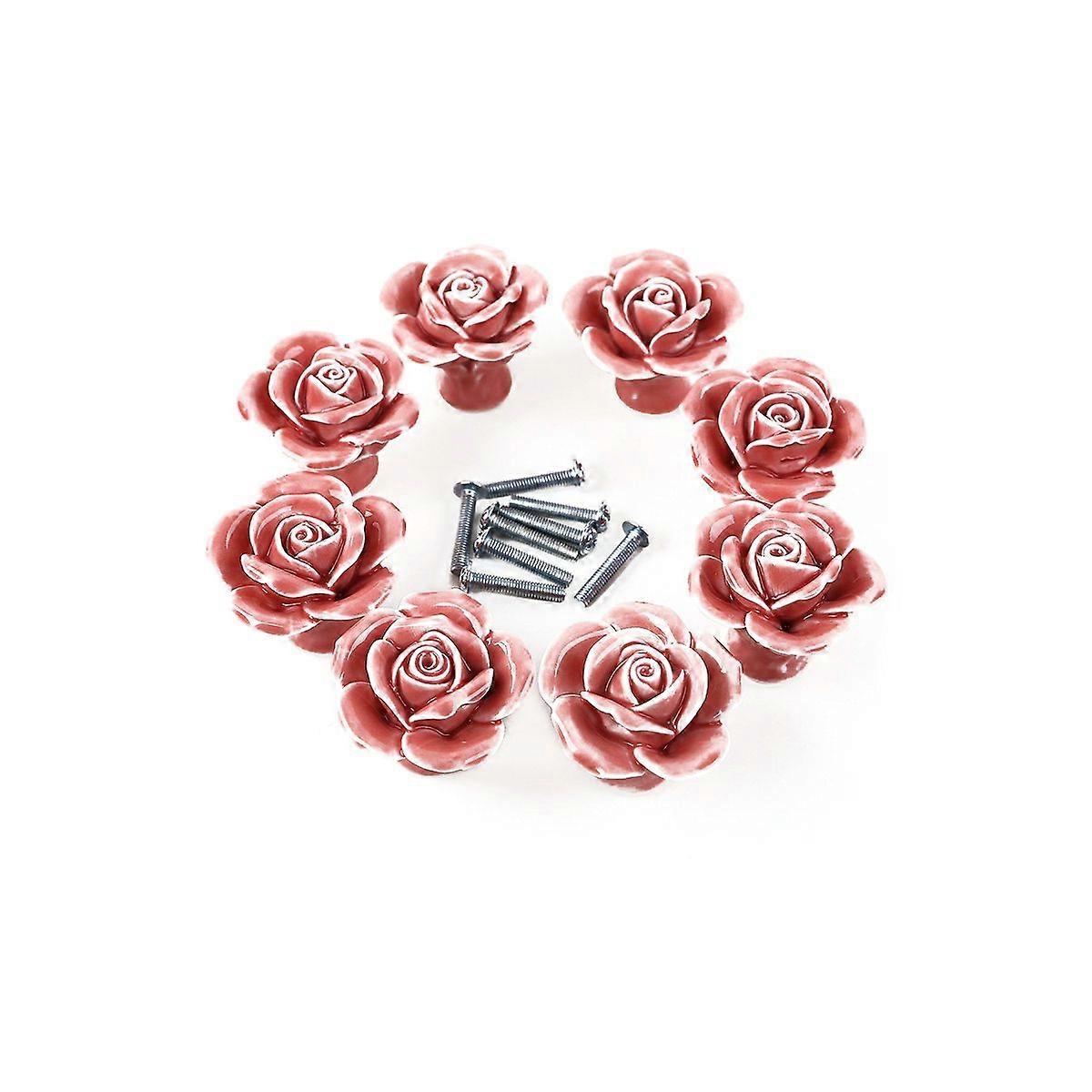 8pcs Rose Shaped Ceramic Kitchen Cupboard Cabinet Drawer Door Knobs Pull Handles (Pink)