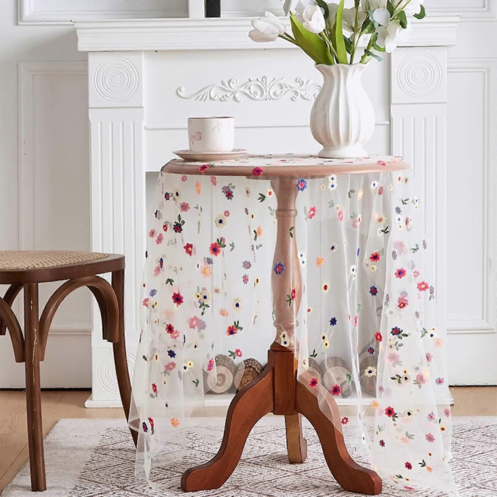 Square Table Linen 150 x 150 cm, Colourful Tulle Tablecloth with Embroidered Flowers, Water-Repellent Polyester for Outdoor Vintage Decor