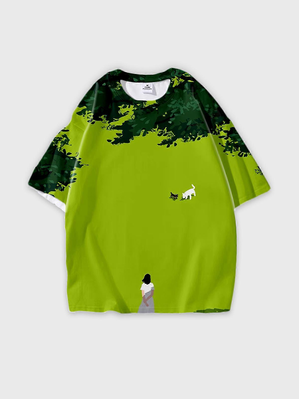 T-Shirt Round Neck, Loose Short Sleeve Pattern Graphic Tee, Unisex Summer Casual Top V1719