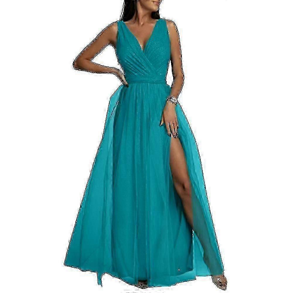 Vestido Maxi de Casamento com Decote em V com Fenda para Noite Prom Cocktail Party Guest