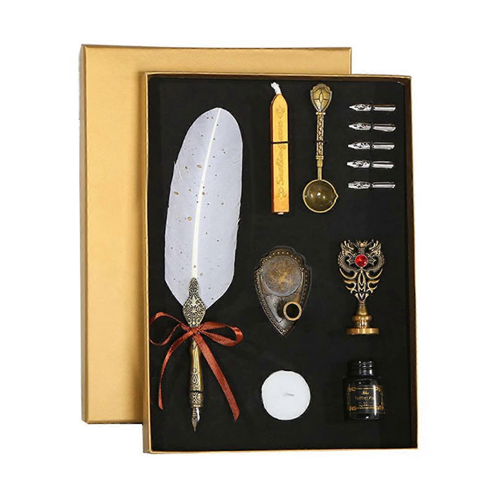 Sprinkle Gold Luxury Vintage Feather Quill Dip Calligraphy Fountain Pen 5Nibs Set White Gift Box Ink