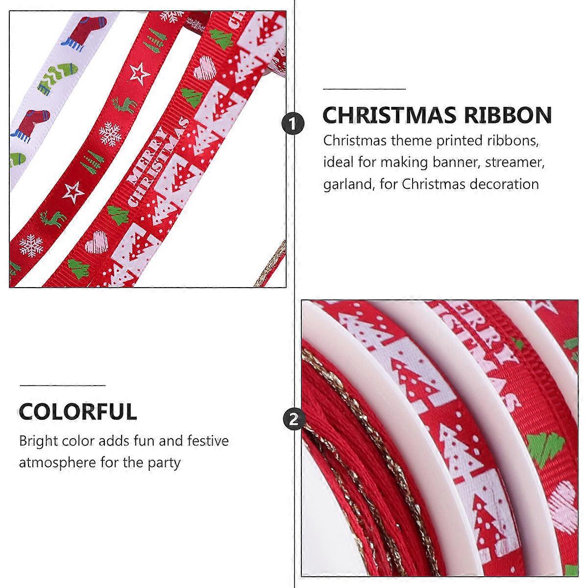 Christmas Printed Ribbon Decorative Ribbon for Package 5 Rolls Red Fabric