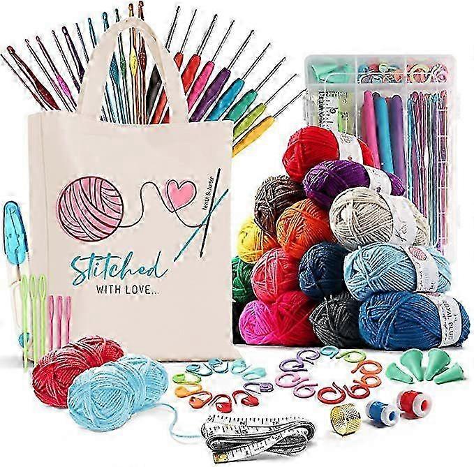 طقم كروشيه 73 قطعة مع مجموعة خيوط خطافات الكروشيه - حزمة متميزة تشمل كرات الغزل والإبر ومجموعة الملحقات وحقيبة حمل القماش وغير ذلك الكثير