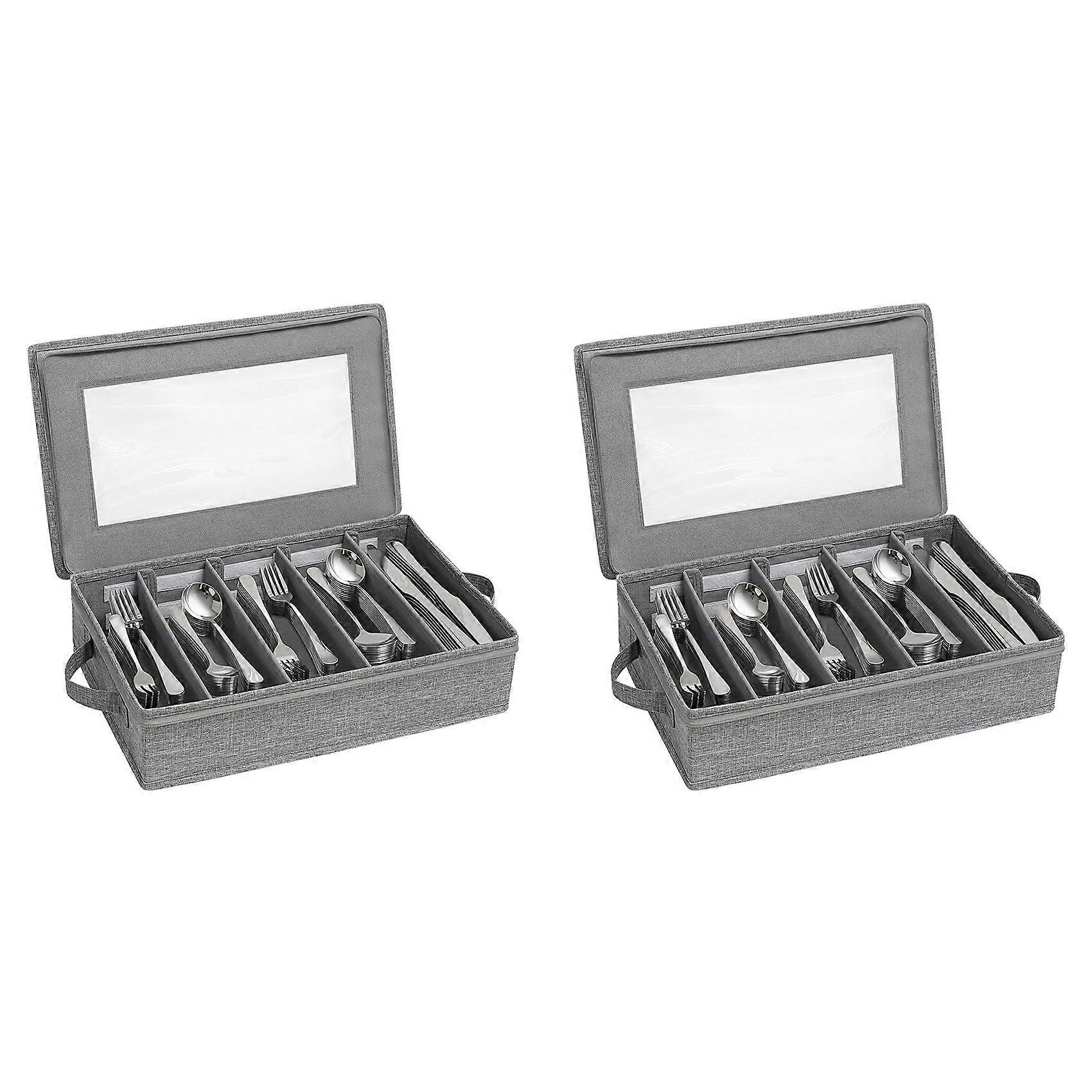 2X Silverware Box,Flatware Organizer with Zipper Lid, 5 Compartment Cutlery Case with Adjustable Divider and Handle