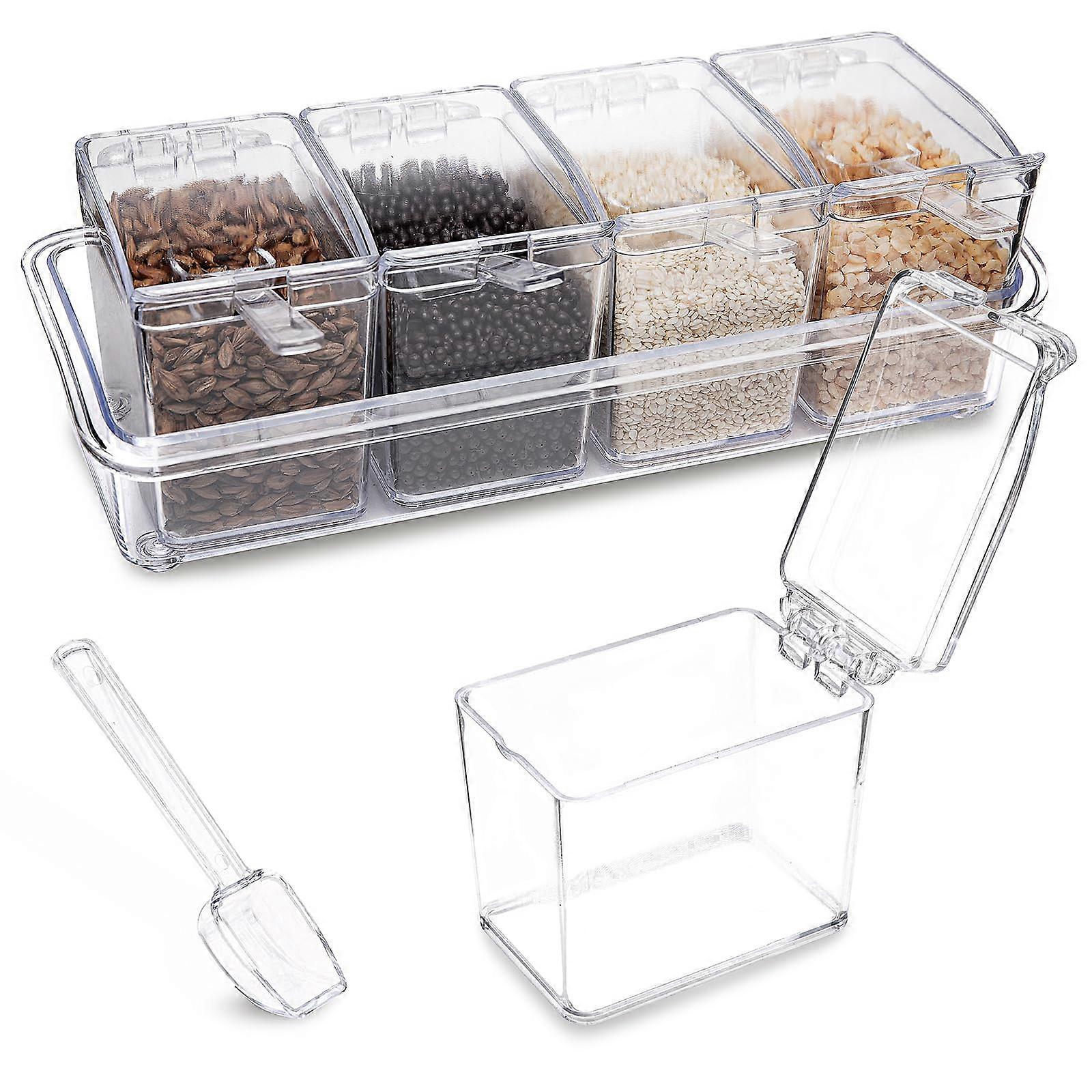 Clear Seasoning Box 4Piece Acrylic Spice Jar Set With Lids And Spoons For Salt Sugar Cardamom Cinnamon
