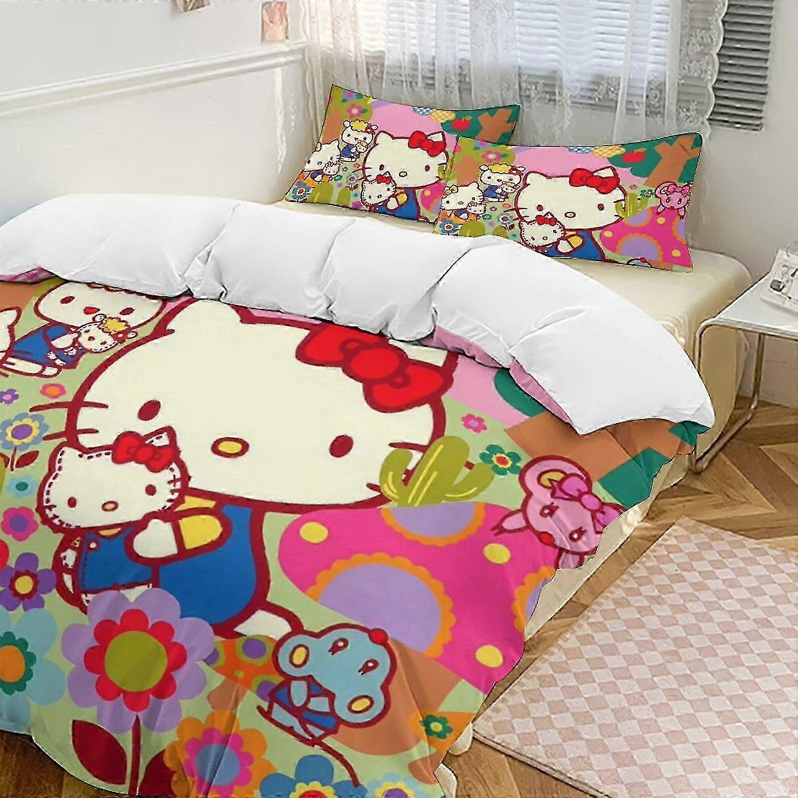 SQ9 Hello Kitty 3-dílná sada na dvojlůžko - Obsahuje 1 jednoduchý přikrývku a 2 povlaky na polštáře Ložní prádlo - Odolné vůči vyblednutí mikrovlákno HZ9