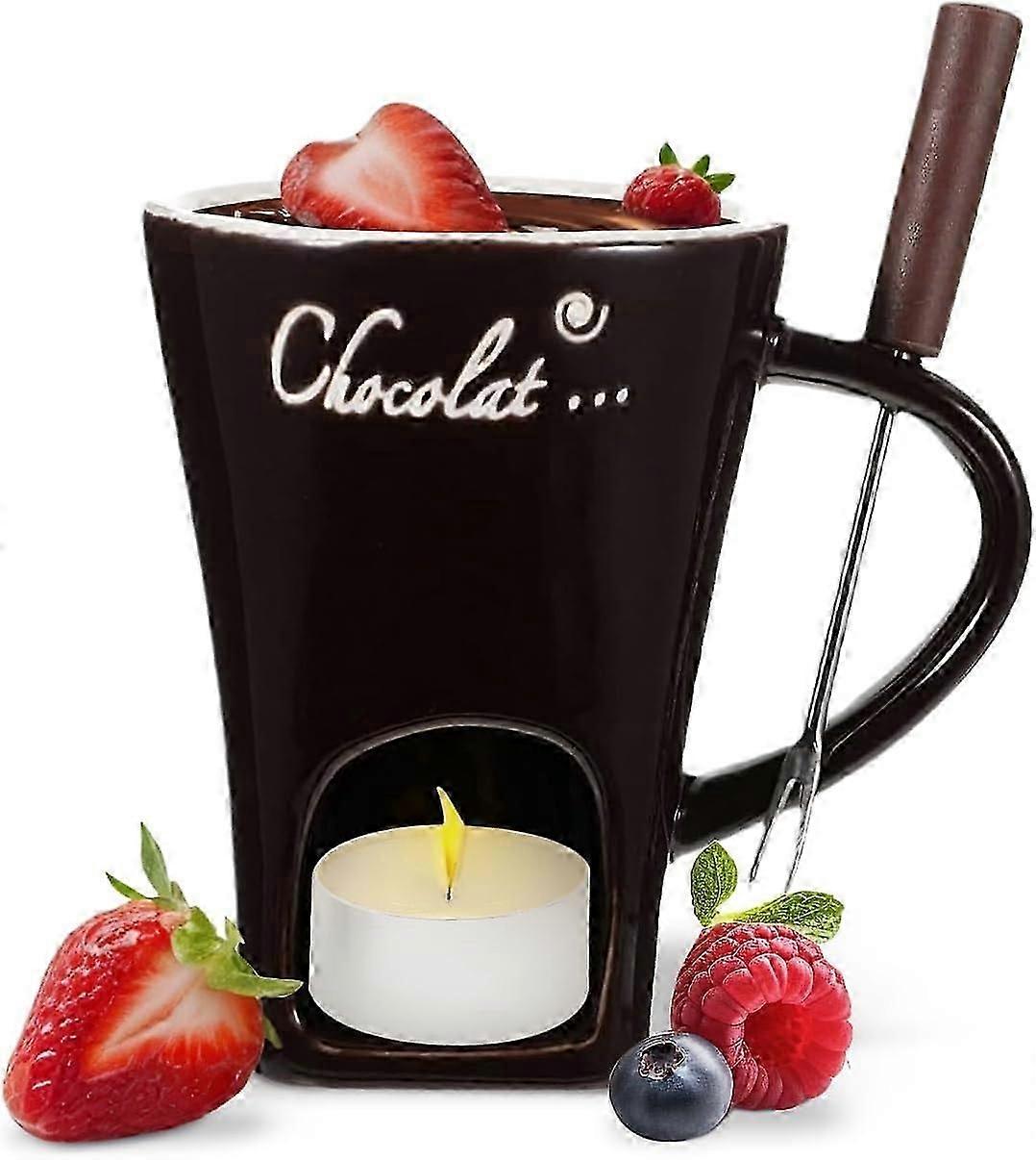 Chocolate Fondue Mug with Warmer and Fork - Multi-Purpose Melting Pot for Candy, Cheese and Dessert Treats