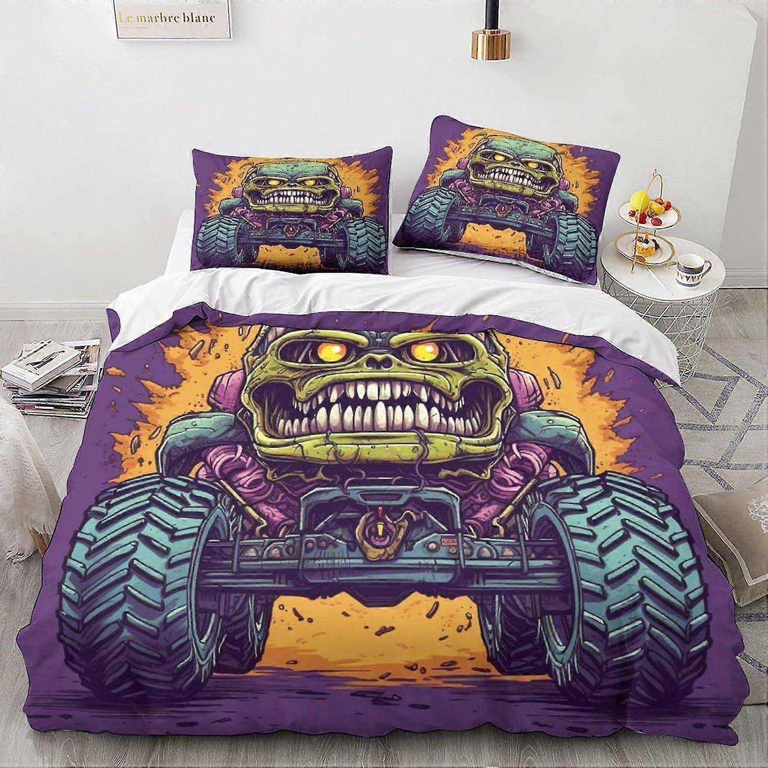 LikeEj monstros edredom capa set carro vintage roupa de cama conjunto 3 peças, macio microfibra 3D desenhos animados padrão colcha tampa fechamento zíper com fronhas