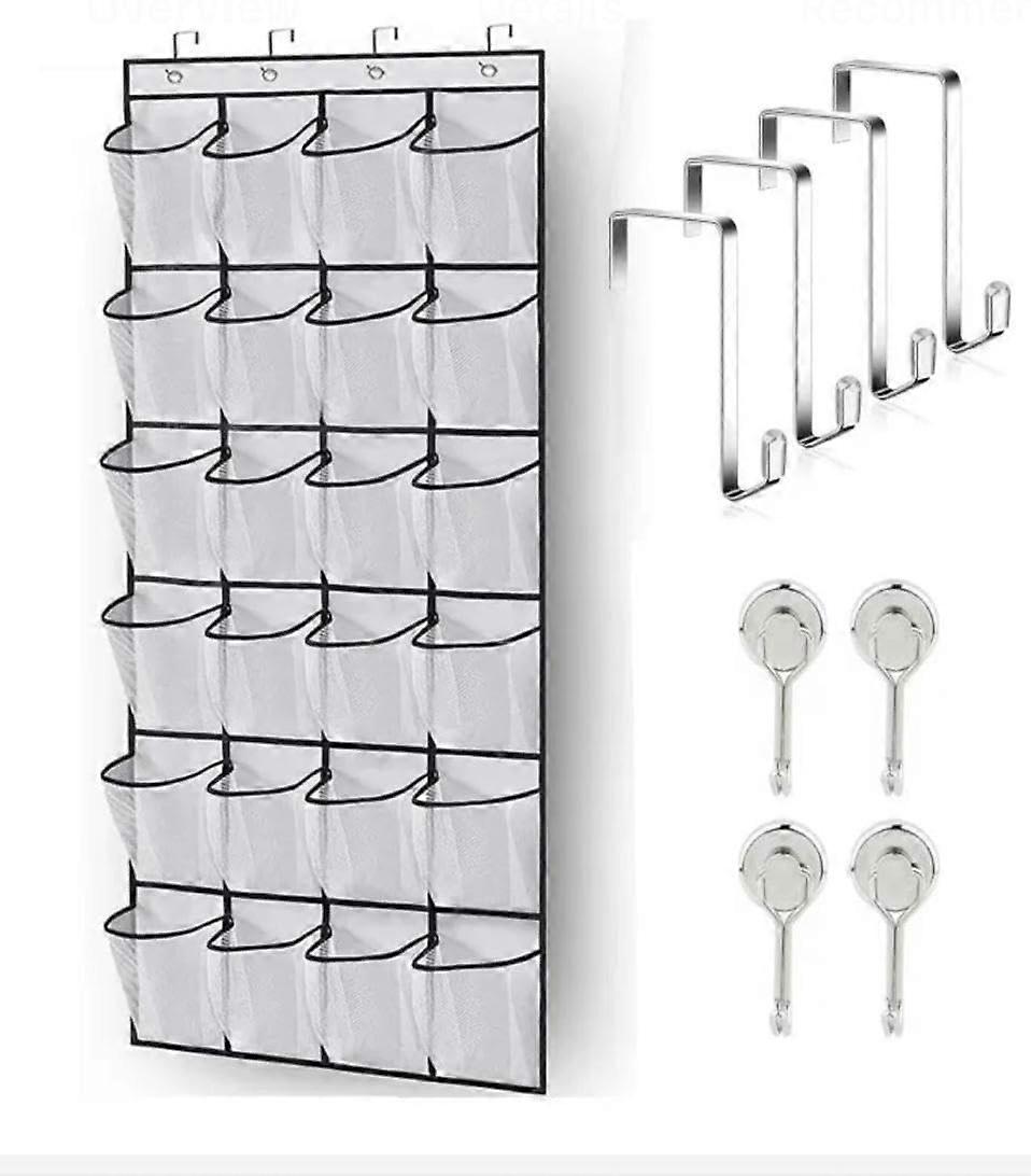Over Door Shoe Organizer with 24 Mesh Pockets, Magnetic Hooks, Closet and Dorm Storage (Gray)
