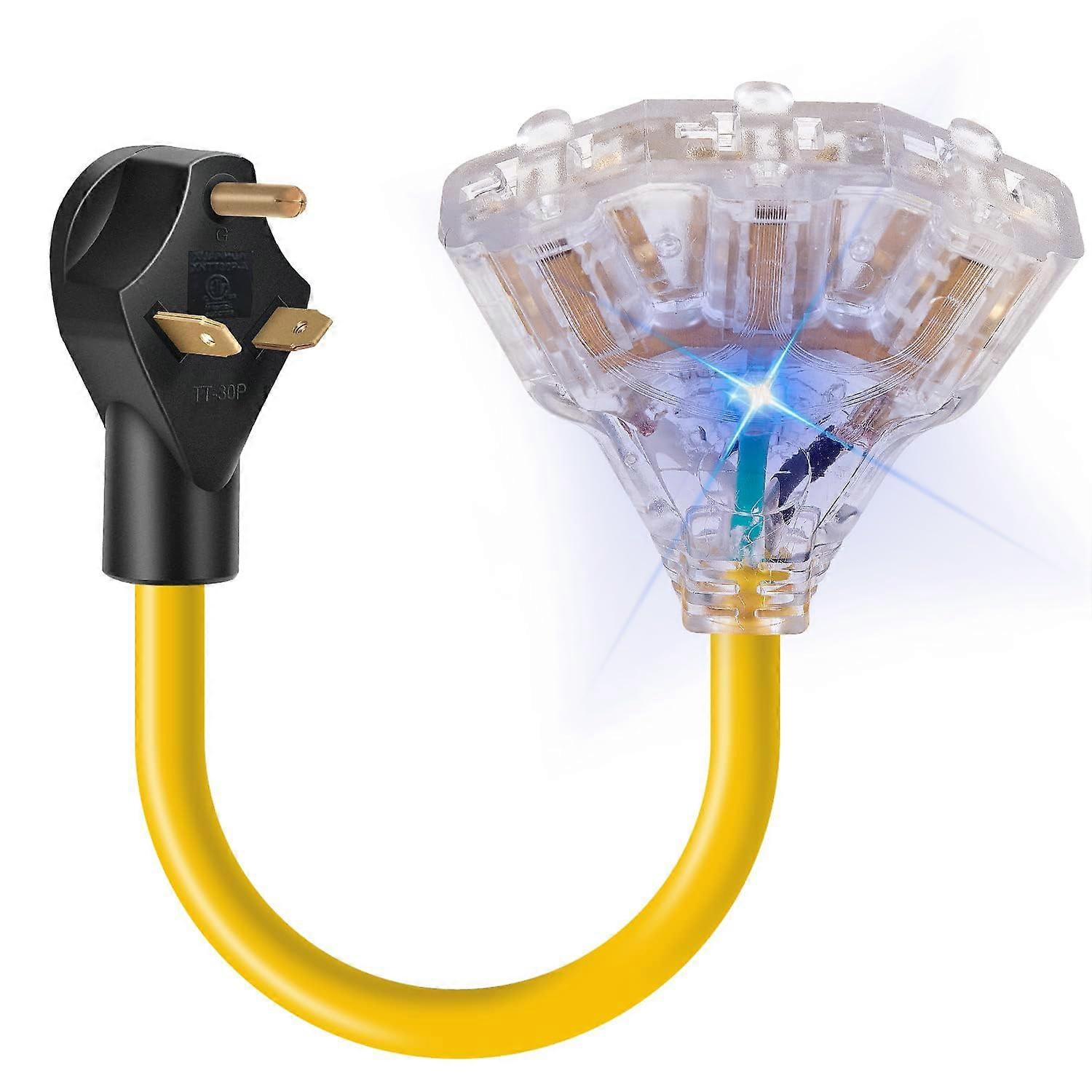 RV Power Adapter TT30P to 3 Outlet Generator Splitter, 2FT 30A HeavyDuty 3750W with LED Indicator