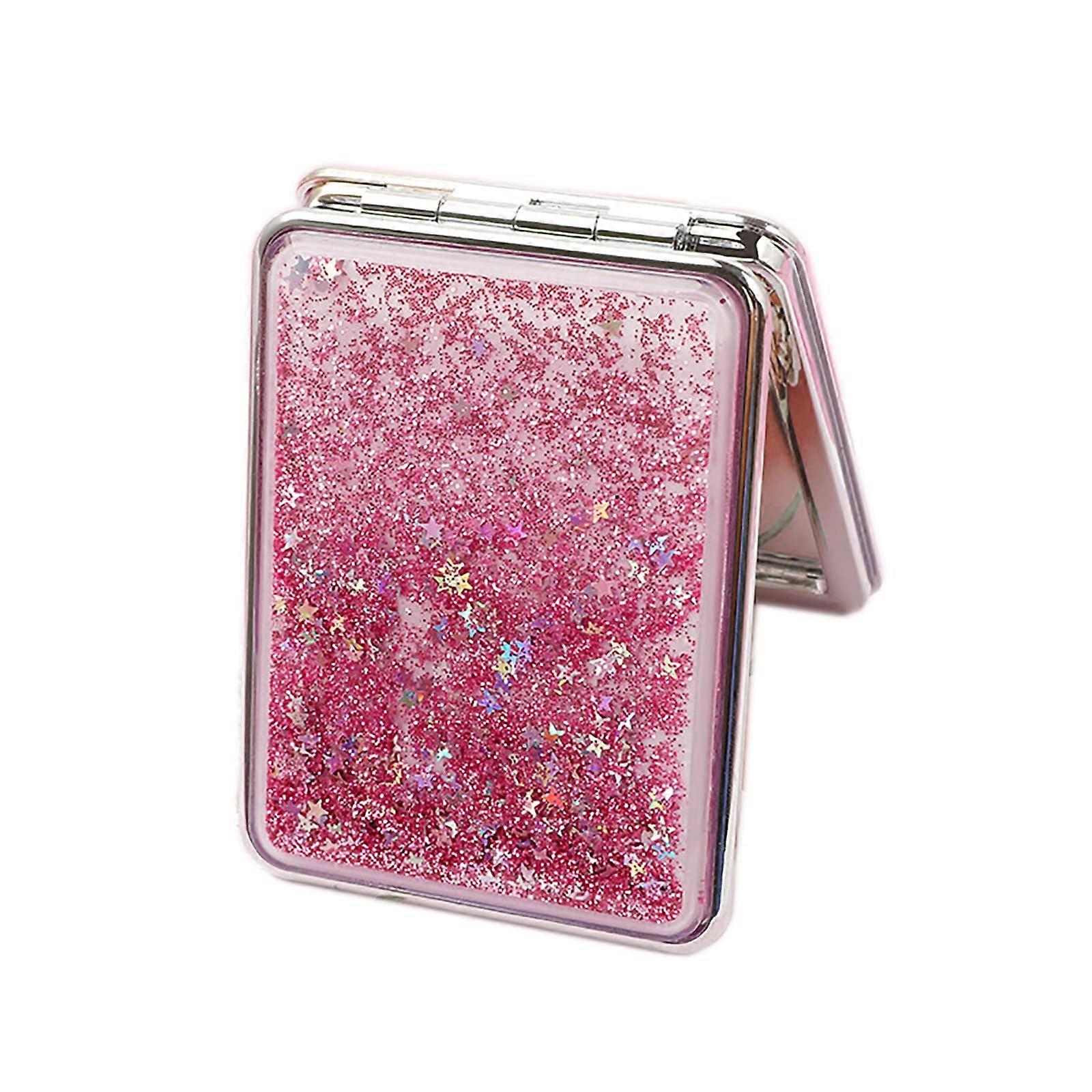 Compact Mirror with DualSided Magnification Glitter Quicksand Case Folding Travel Pocket Pink