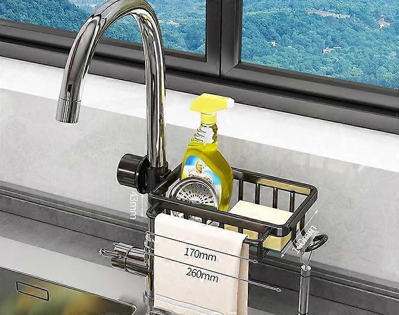 Kitchen Sink Organizer Rustproof Aluminum Adjustable Over Faucet Caddy with Drain Tray Black
