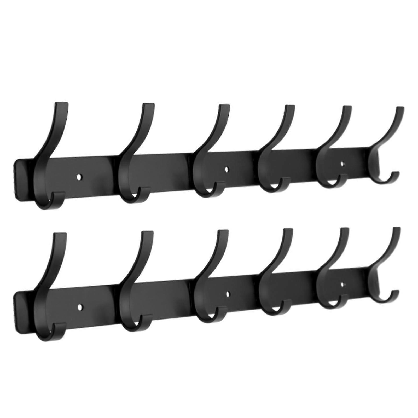 Wall Mounted Coat Rack with 6 Double Hooks, RustResistant Black Metal for Hats, Towels, Robes, 2 Pack